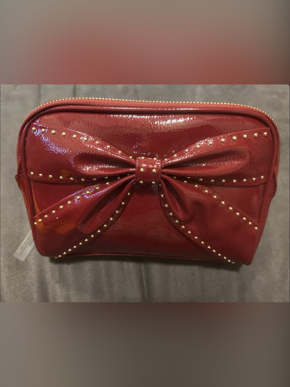 Vince Camuto Burgundy Red Patent Bow Studded Accent Clutch Wallet Cosmetic Bag